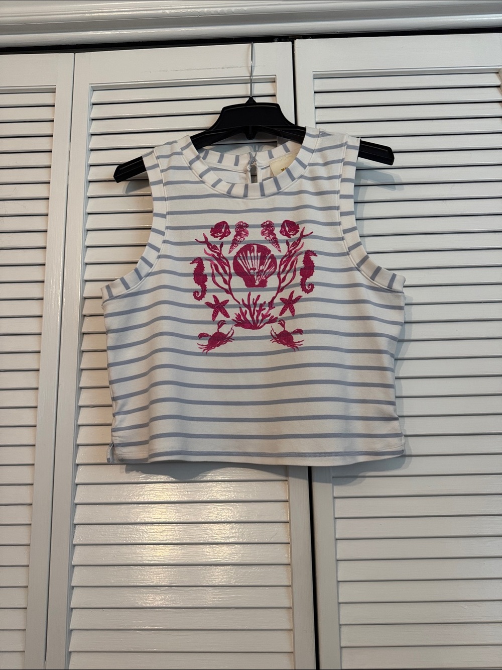 Mauve White & Light Blue-Gray Striped Crop Tank with Pink Nautical Graphic